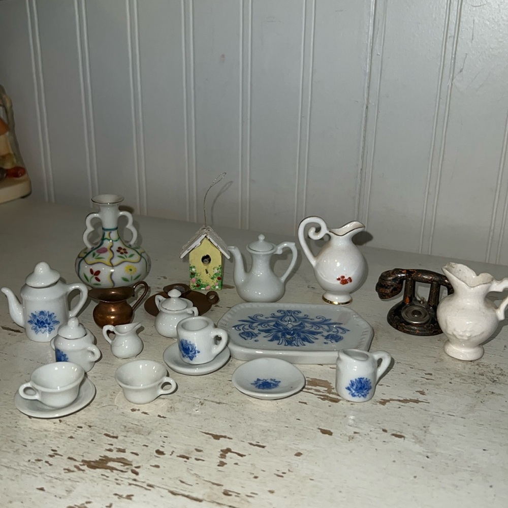 Lot vintage bone China porcelain cast iron copper doll house accessories dishes